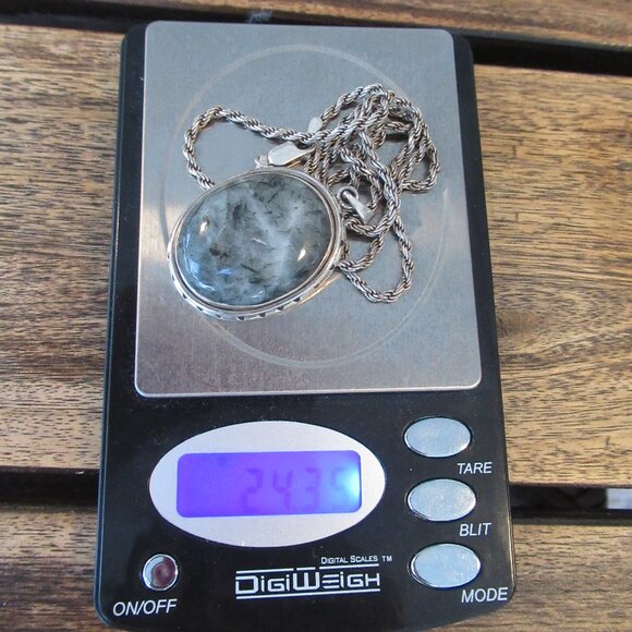 Sterling Silver Chain & Sterling and Gray Natural Stone Large Pendant Necklace - Picture 6 of 15